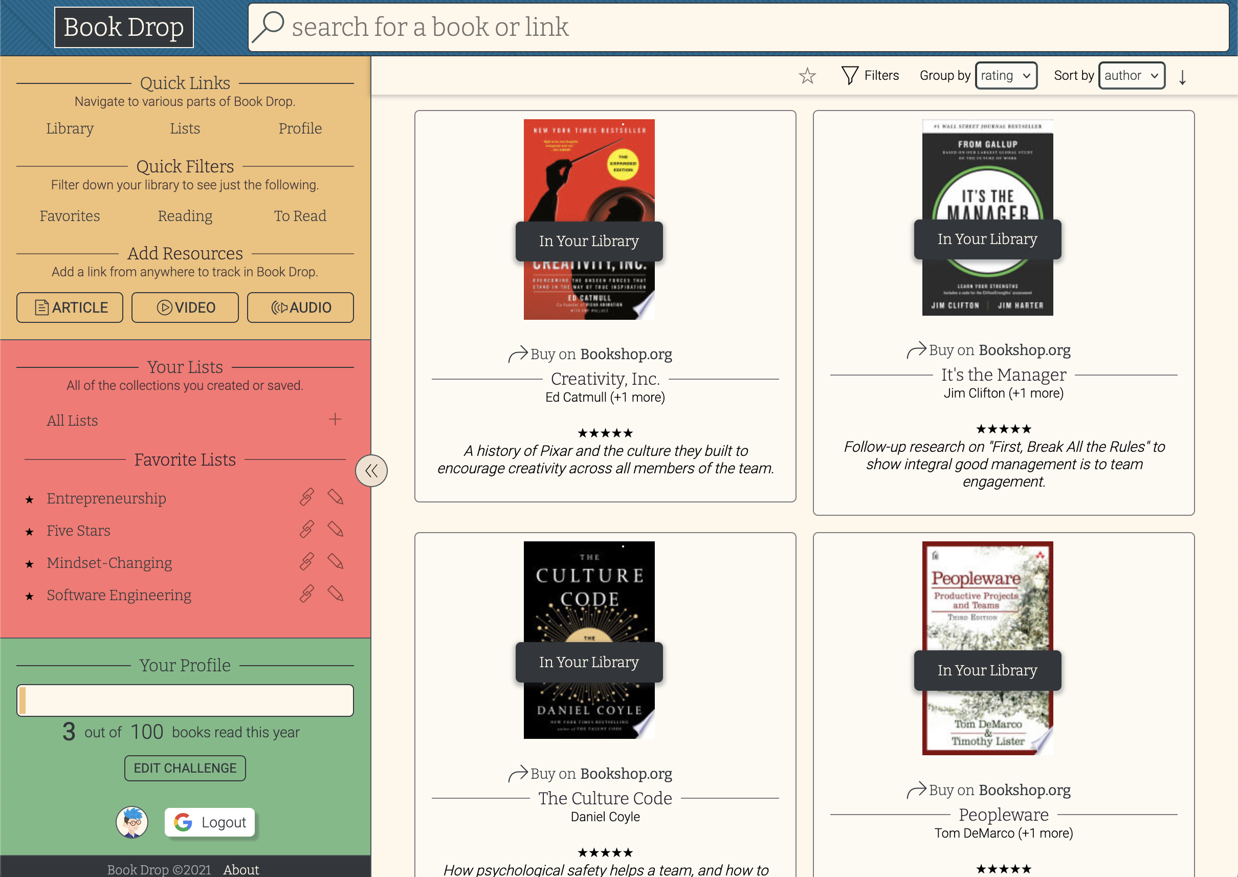 screenshot of Book Drop, a library-management tool for books and more