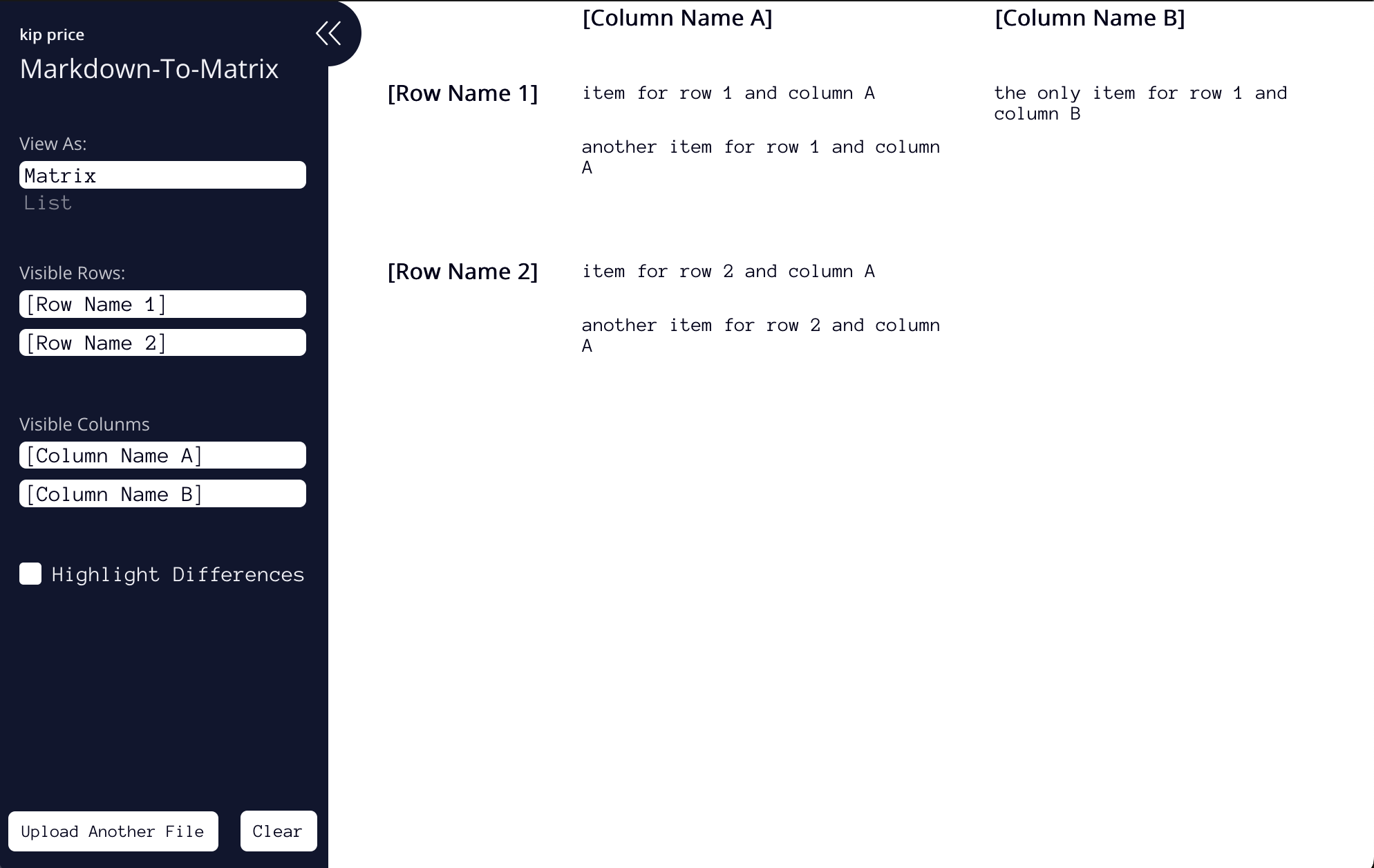 screenshot of Markdown to Matrix, a library that can convert markdown into interactive matrices