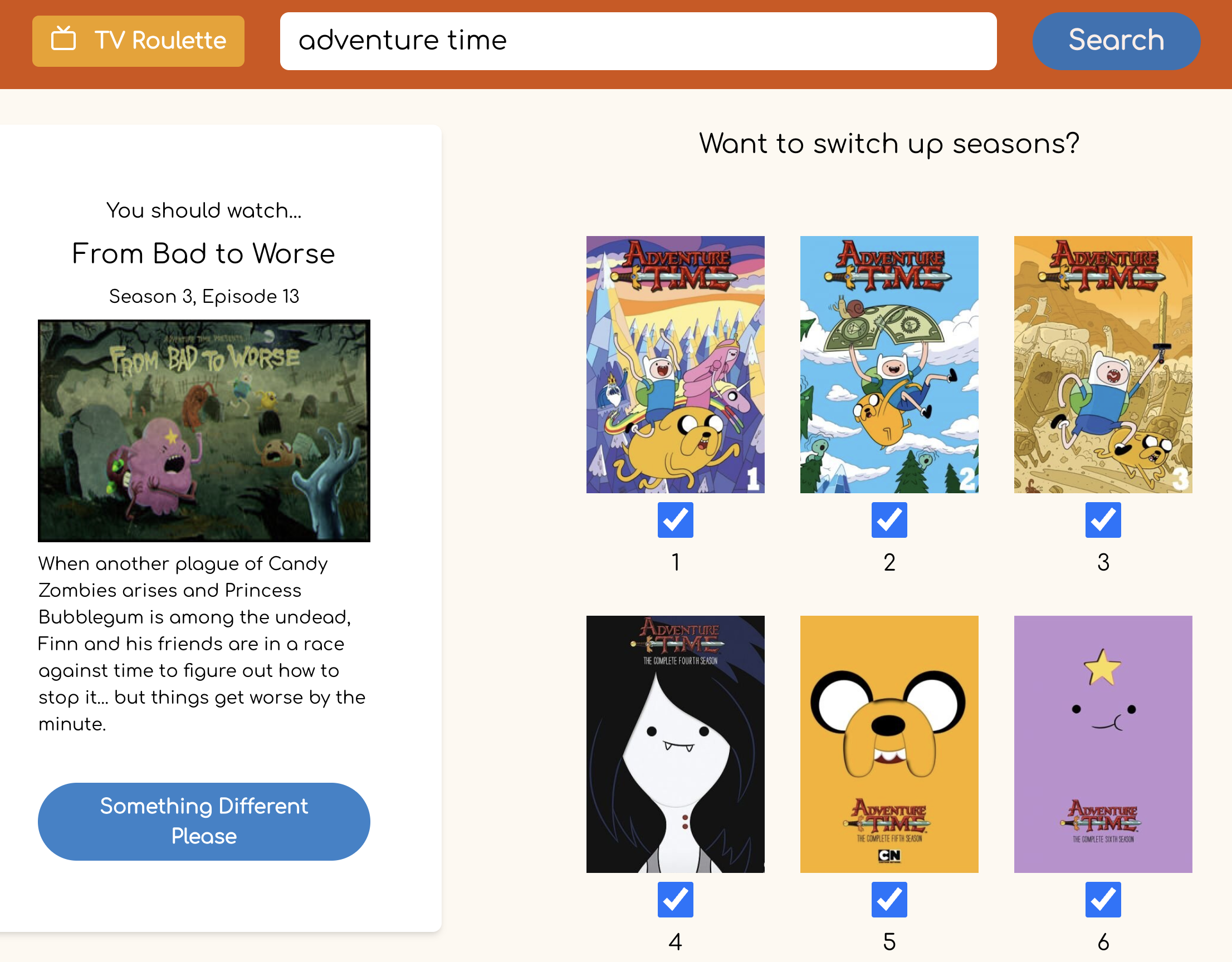 screenshot of TV Roulette, a tool that can suggest a random episode to watch